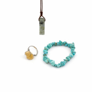 Zestaw kamieni dla Strzelca: naszyjnik z labradorytem, bransoletka z turkusu oraz pierścionek z cytrynem