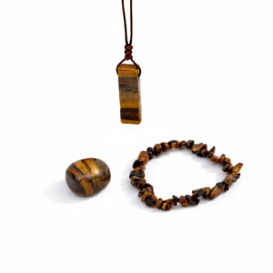 Zestaw z kwarcem Tygrysie Oko: naszyjnik, bransoletka i wypolerowany kamień w energetycznym brązowo-złotym odcieniu