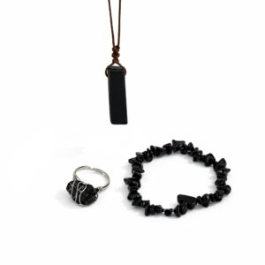 Zestaw biżuterii z obsydianem: naszyjnik, bransoletka i brelok z kamieniem ochronnym